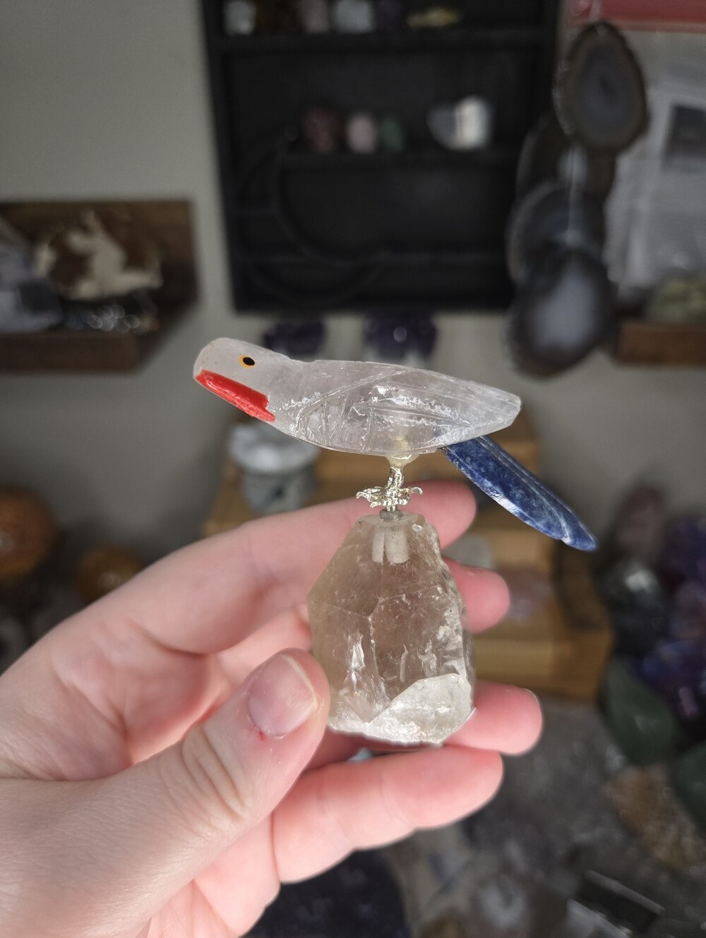 Clear Quartz & Sodalite Parrot Bird Carving On Smoky Quartz Base